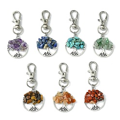 Mixed Stone Flat Round with Tree of Life Tibetan Style Alloy Pendant Decorations, Chakra Synthetic & Natural Mixed Gemstone Beads and Swivel Lobster Claw Clasps Charm, 60mm, Flat Round: 29x25x5mm, 7pcs/set