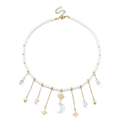 Golden Brass  Moon & Star Charms Bib Necklace with Glass Beaded Chains, Golden, 15.47 inch(39.3cm)