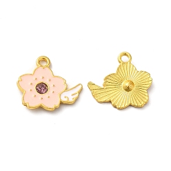 Pink Rack Plating Alloy Enamel Pendants, with Rhinestone, Sakura with Wing Charm, Golden, Pink, 18x19.5x3mm, Hole: 2mm