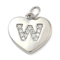 Letter W Латунные микропаве прозрачные подвески с фианитом, сердце прелести, без кадмия и без свинца, стойки покрытие, долговечный, платина, Буква W, 15x15x2 мм, отверстие : 3 мм