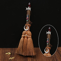 Garnet Wood Witch Broom with Synthetic Garnet Pendant Decorations, for Interior Car Mirror Hanging Decorations, 240~290mm