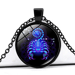 Scorpio Constellation Glass Pendant Neckalace, Blue Pendant Necklace with Zinc Alloy Chains, for Men Women, Scorpio, 17.72 inch(45cm), Pendant: 25mm