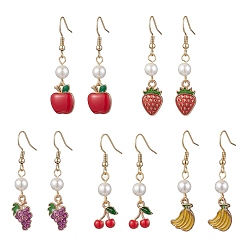 Mixed Color Shell Pearl Dangle Earrings, Fruit Alloy Enamel Drop Earrings, Mixed Color, 42.5~46.5x9~11.5mm
