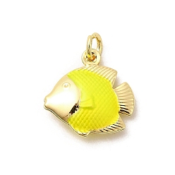 Желтый Латунь эмаль подвески, рыбы прелести, без свинца и без кадмия, долговечный, стойки покрытие, реальный 18 k позолоченный, желтые, 18x17.5x5.5 мм, отверстие : 3.5 мм