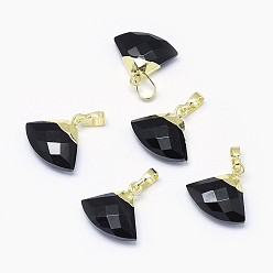 Black Agate Natural Black Agate Pendants, with Long-Lasting Plated Brass Findings, Faceted, Triangle, Golden, 14~15x15~16x5mm, Hole: 3.5x5.5mm