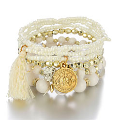 Beige B0055-2 Multi-layered Pearl Bracelet with Coin Charm and Tassel Detail