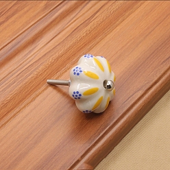 Gold Flower Pattern Porcelain Drawer Knobs, with Metal Finding, Pumpkin Cabinet Handle, Gold, 40x26mm