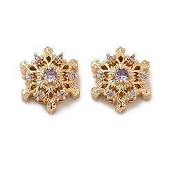 Лиловый Рождественские латунные бусины с инкрустацией кубическим цирконием, снежинка, реальный 18 k позолоченный, сирень, 14.5x12.5x7 мм, отверстие : 1.8 мм