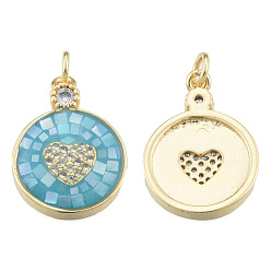 Medium Turquoise Natural Abalone Shell/Paua Shell Pendants, with Brass Micro Pave Clear Cubic Zirconia Findings and Jump Rings, Dyed, Nickel Free, Real 18K Gold Plated, Flat Round with Heart Charm, Medium Turquoise, 19.5x14x3.5mm, Jump Rings: 5mm in diameter, 1mm thick, 3mm inner diameter
