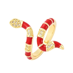 Красный Латунные кольца-манжеты с микропаве и прозрачным цирконием для женщин, змея, с эмалью, стойки покрытие, без кадмия и без свинца, прочное покрытие, реальный 18 k позолоченный, красные, внутренний диаметр: 18.3 мм