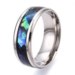 Stainless Steel Color 201 Stainless Steel Wide Band Finger Rings, with Shell, Stainless Steel Color, US Size 6(16.5mm)