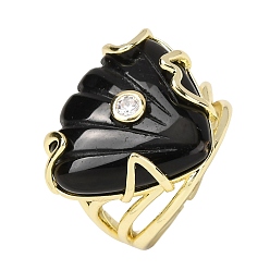 Obsidian Natural Obsidian Cuff Rings, Shell Shape, Brass Micro Pave Cubic Zirconia Cuff Open Rings, Golden, 24.5mm, US Size 7 1/4(17.5mm)