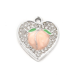 Platinum Alloy Enamel Pendants, with Rhinestone, Heart with Peach Charm, Platinum, 17.5x16x3.3mm, Hole: 1.8mm