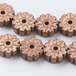 Copper Plated Vacuum Plating Electroplate Non-magnetic Synthetic Hematite Beads Strands, Frosted, Grade A, Snowflake, Copper Plated, 6x2.5~3mm, Hole: 1mm, about 66pcs/strand, 15.7 inch(40cm)