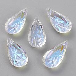 Crystal Shimmer Embossed Glass Rhinestone Pendants, Teardrop, Faceted, Crystal Shimmer, 20x10x5.5mm, Hole: 1.5mm