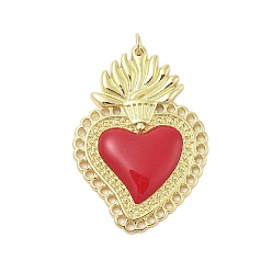 Красный Подвески из латуни с эмалью в стойку, с целью перехода в кольце, долговечный, без кадмия и без свинца, реальный 18 k позолоченный, очарование священного сердца, красные, 40x27.5x4 мм, отверстие : 3 мм