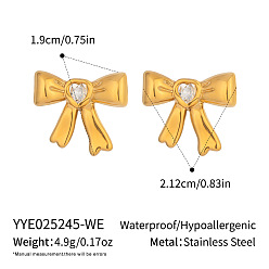 Прозрачный 304 серьги-гвоздики из нержавеющей стали с бантом, с кубического циркония, золотые, прозрачные, 19x21.2 мм