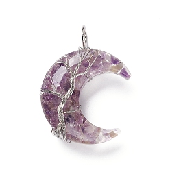 Amethyst Natural Amethyst Chips & Transparent Resin Big Pendants, Moon Charms, with Platinum Tone Brass Wire Wrapped, Cadmium Free & Lead Free, 52~53x36~37x14~16mm, Hole: 8mm