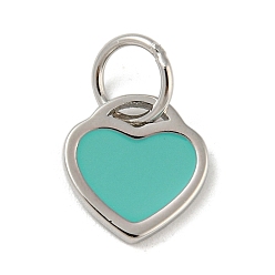 Medium Turquoise Rack Plating Brass Charms, with Jump Ring and Enamel, Cadmium Free & Lead Free, Long-Lasting Plated, Heart Charm, Platinum, Medium Turquoise, 10x9.5x1mm, Hole: 4.4mm