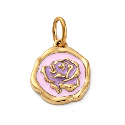 Pink 304 нержавеющей стальной эмали подвески, с целью перехода в кольце, плоская круглая с подвеской в виде цветка, реальный 14 k позолоченный, ионное покрытие (ip), розовые, 15.5x13.5x2.5 мм, отверстие : 5x3 мм