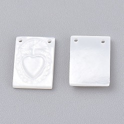 White Shell Natural White Shell Mother of Pearl Shell Charms, Rectangle with Heart, 11x8x1.5mm, Hole: 0.8mm