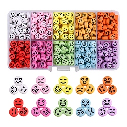 Mixed Color 10 Colors Opaque Acrylic Beads, Flat Round with Black Random Expression, Mixed Color, 7x4mm, Hole: 1.6mm, 8.5g, about 60~65pcs/color, 600~650pcs