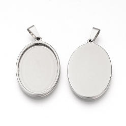 Stainless Steel Color 201 Stainless Steel Pendant Cabochon Settings, Oval, Stainless Steel Color, Tray: 24.5x17.5mm, 30x20.5x2.5mm, Hole: 8x4mm