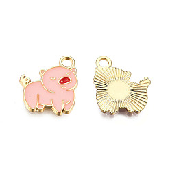Pink Alloy Pendants, with Enamel, Pig, Light Gold, Pink, 18x15x2mm, Hole: 2.5mm