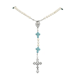 Antique Silver Synthetic Magnesite Rosary Bead Necklaces, Synthetic Turquoise & Alloy Cross Pendant Necklace, Antique Silver, 23.62 inch(60cm)