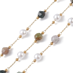 Golden 304 Stainless Steel Link Chains, with Glass Imitation Pearl & Indian Agate Beads & Spool, Unwelded, Golden, 2.5~6x0.8~6x0.2~6mm