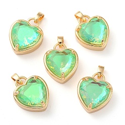 Peridot K9 Glass Pendants, with Golden Tone Brass Findings, Faceted, Heart Charms, Peridot, 18x15x7.7mm, Hole: 5x3mm