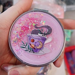 Tableware Sequin Quicksand Plastic Foldable Mirrors, with Glass Mirror Surface, Round Compact Pocket Mirror for Wiccan, Cup, 7cm