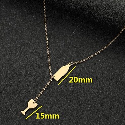 golden Fashion Stainless Steel Necklace for Women with Double Pendant of Red Wine Glass and Bottle