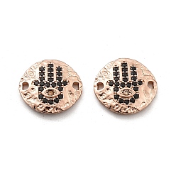 Розовое Золото Латунный микропаве черный кубический циркониевый диск с подвесками-соединителями в виде руки хамсы, стойки покрытие, долговечный, без свинца и без кадмия, розовое золото , 15x14x3 мм, отверстие : 1.4 мм