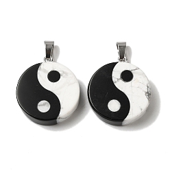 Mixed Stone Natural Howlite & Obsidian Flat Round Pendants, Yin-yang Charms with Platinum Plated Alloy Snap on Bails, 28.5x25x6.5mm, Hole: 7.6x4mm