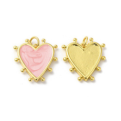 Misty Rose Rack Plating Brass Enamel Pendants, with Jump Ring, Lead Free & Cadmium Free, Heart Charm, Real 18K Gold Plated, Misty Rose, 19x18x3mm, Hole: 3.5mm