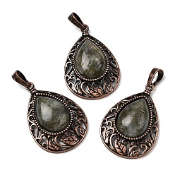 Лабрадорита Подвески из натурального лабрадорита в форме капли, с винтажной латунной рамкой красного медного оттенка, 34.5x23.5x7.5 мм, отверстие : 8x5 мм