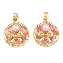 Red Brass Enamel Pendants, with ABS Plastic Imitation Pearl, Flat Round with Bowknot Charms, Real 18K Gold Plated, Red, 21x18x6mm, Hole: 4.5x3mm