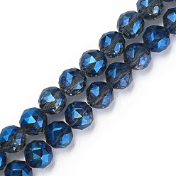 Medium Blue Electroplate Transparent Glass Beads Strands, Half Plated, Faceted, Round, Medium Blue, 12x11mm, Hole: 1.2mm, about 50pcs/strand, 22.05 inch(56cm)