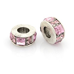 Розовый Старинные антикварные серебряные цинковый сплав горный хрусталь европейские шарики, большая дыра плоским круглых бусин, светло-розовый, 11x6 мм, отверстие : 5 мм
