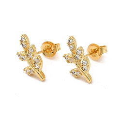 Настоящее золото 18K Серьги-гвоздики в виде листьев кубического циркония, стеллаж для латунных украшений для женщин, без кадмия и без свинца, реальный 18 k позолоченный, 13x6.5 мм, штифты : 0.7 мм