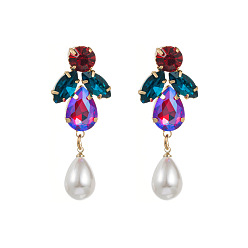 Red and green Sparkling Rhinestone Alloy Earrings with Pearl Drops for Women's Fashion Statement Jewelry