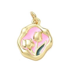 Perle rosa Messing Emaille-Anhänger, Blume Reize, Gestell, langlebig überzogen, cadmiumfrei und bleifrei, echt 18 k vergoldet, Perle rosa, 17.5x13.5x3.5 mm, Bohrung: 3 mm
