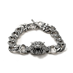 Antique Silver Men's Alloy Tiger Head Link Bracelet with Curb Chains, Punk Metal Jewelry, Antique Silver, 8-1/2 inch(21.7cm)