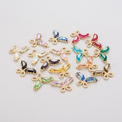 Mixed Color Brass Glass Pendants, with Clear Micro Pave Cubic Zirconia, Butterfly, Golden, Mixed Color, 20.5x31x4.5mm, Hole: 1.5mm