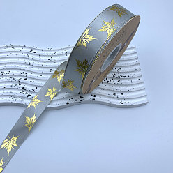 Light Grey 48 Yards Thanksgiving Day Polyester Satin Ribbons, Gold Stamping Maple Leaf, Light Grey, 1 inch(25mm), about 48.00 Yards(43.89m)/Roll