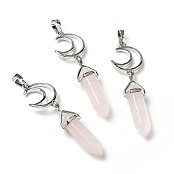 Rose Quartz Natural Rose Quartz Double Terminated Pointed Big Pendants, with Platinum Tone Brass Findings, Cadmium Free & Lead Free, Moon with Bullet, Faceted, 70~75mm, Hole: 4.6x8mm