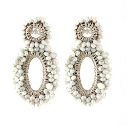 Humo Blanco Pendientes trenzados con diamantes de imitación para mujer., oval, estilo bohemio, whitesmoke, 70x43 mm