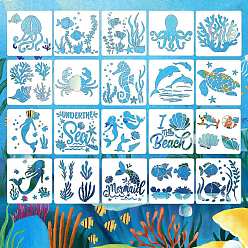 White Ocean Theme PET Plastic Hollow Out Drawing Painting Stencils Templates, Square with Sea Animals, White, 13x13cm, 20pcs/set