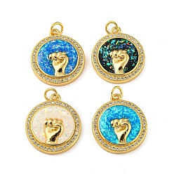Mixed Color Brass Micro Pave Cubic Zirconia, Synthetic Opal Pendants, with Jump Rings, Real 18K Gold Plated, Flat Round with Fist, Mixed Color, 21.5x19x4.5mm, Hole: 3.5mm